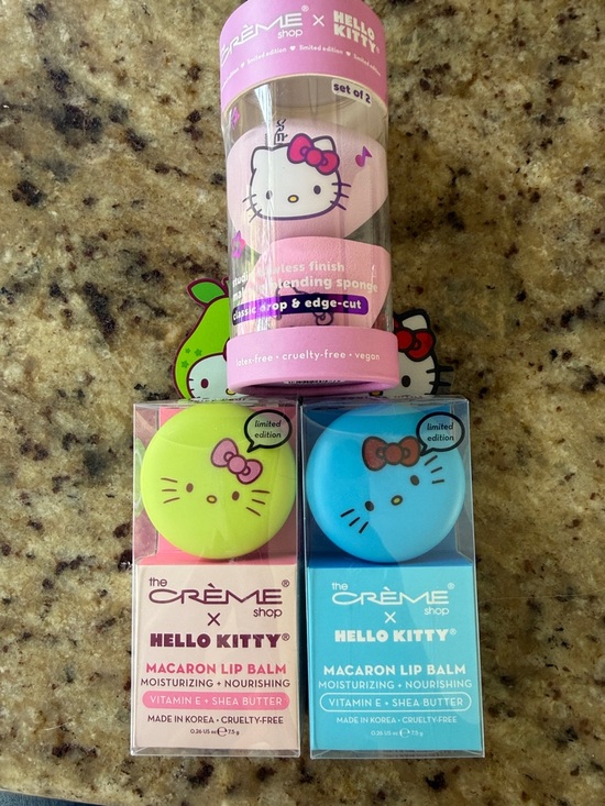 Hello Kitty Other - Hello Kitty Macaron Lip Balm and Blending Sponge Set - Pink, Lime Green, Blue
